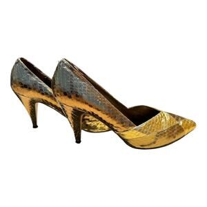Frederico Leone Metallic Gold Megan 100% Snakeskin Vintage Rare Size 7 Patchwork